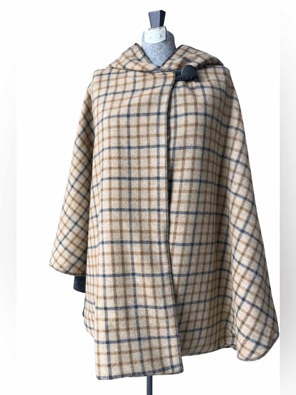 Plaid Wool Cape Coat in Beige and Gray